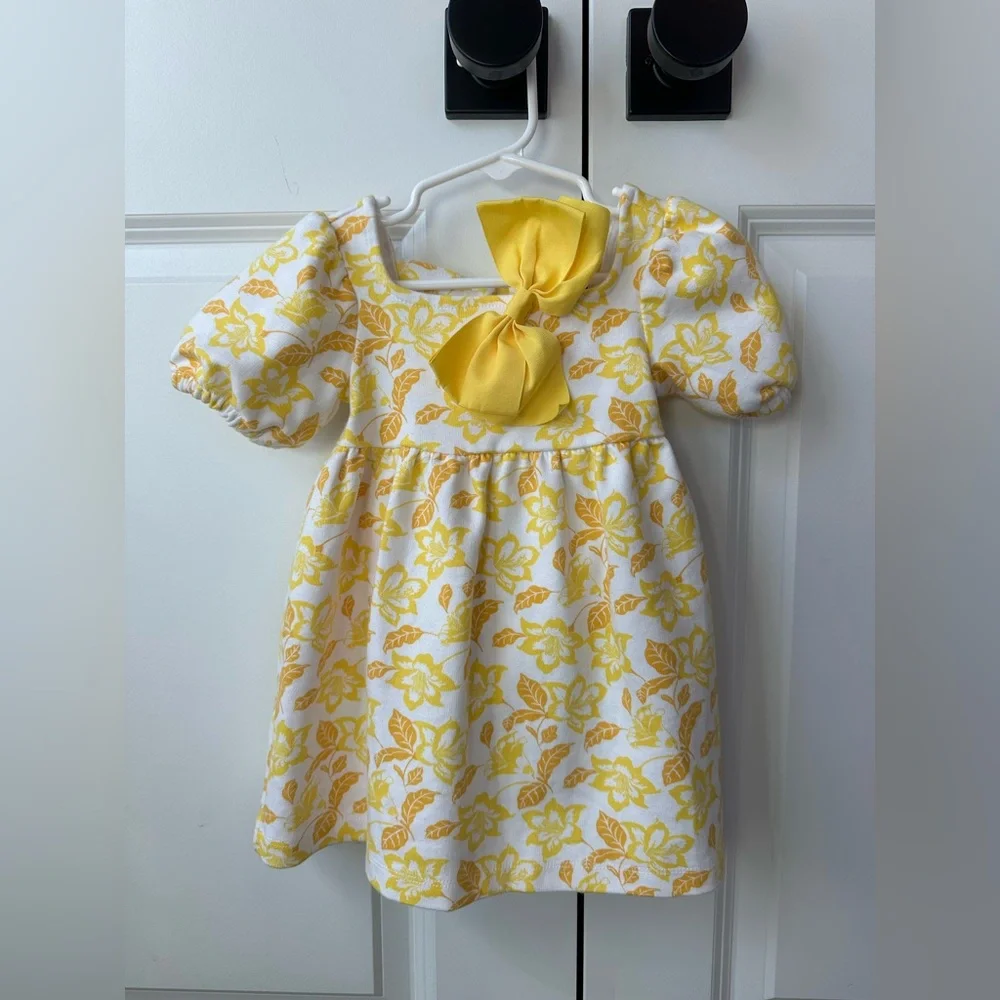 Janie and Jack Girls Floral Puff Sleeve Ponte Dress Yellow NWOT (12-18 Mo)